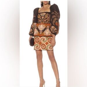 Johanna Ortiz Elegant Brown and Orange Patterned puffy sleeves mini Dress, US8
